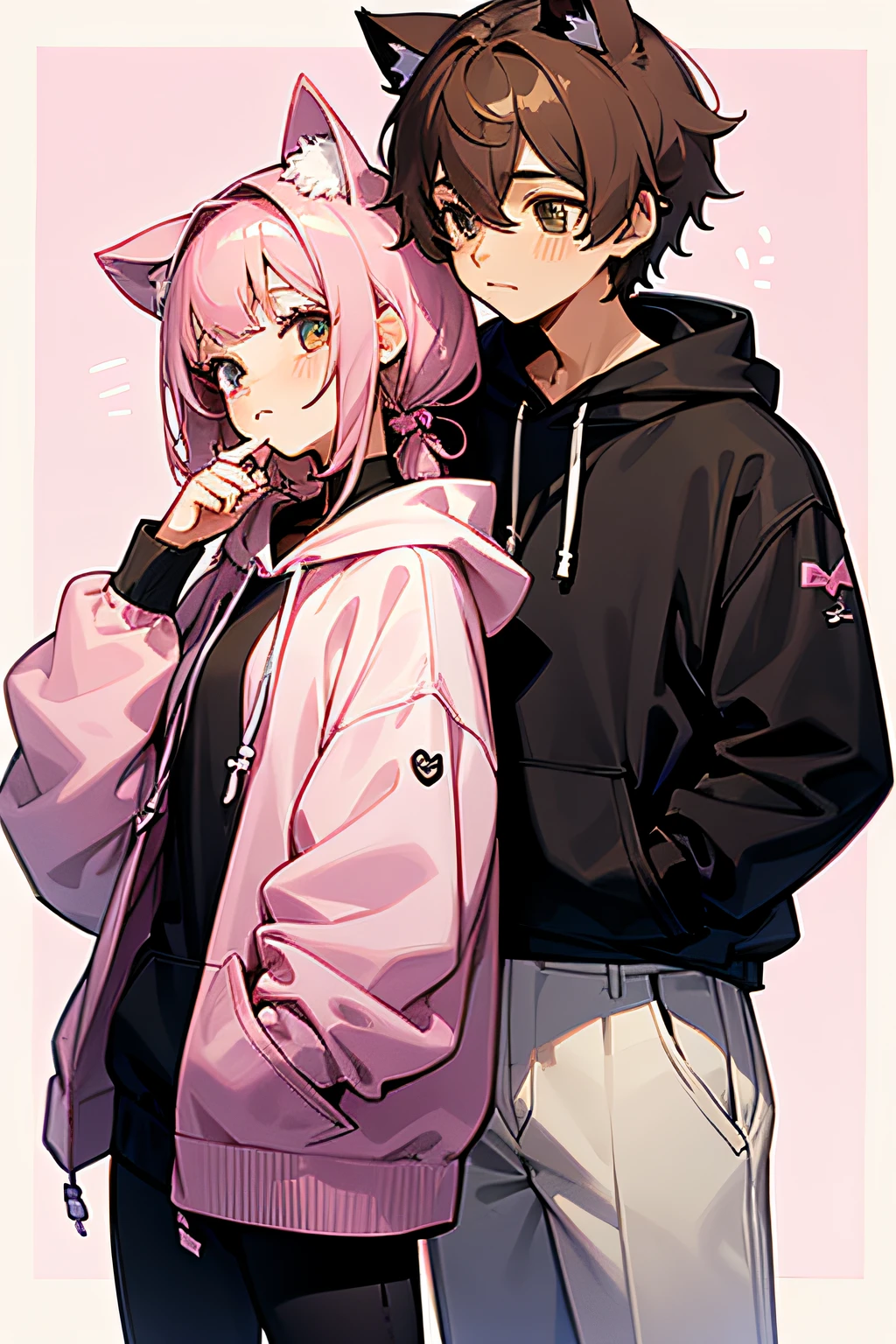 girl and boy standing next to each other. girl leaning on guy's shoulder. they both have cute outfits and sweatshirts with cat ears.. girl in a pink sweatshirt with blond hair, boy in a black sweatshirt with dark hair. the girl has bows in her hair. they are cute chibi style. They're happy. Anime style, Cute style
