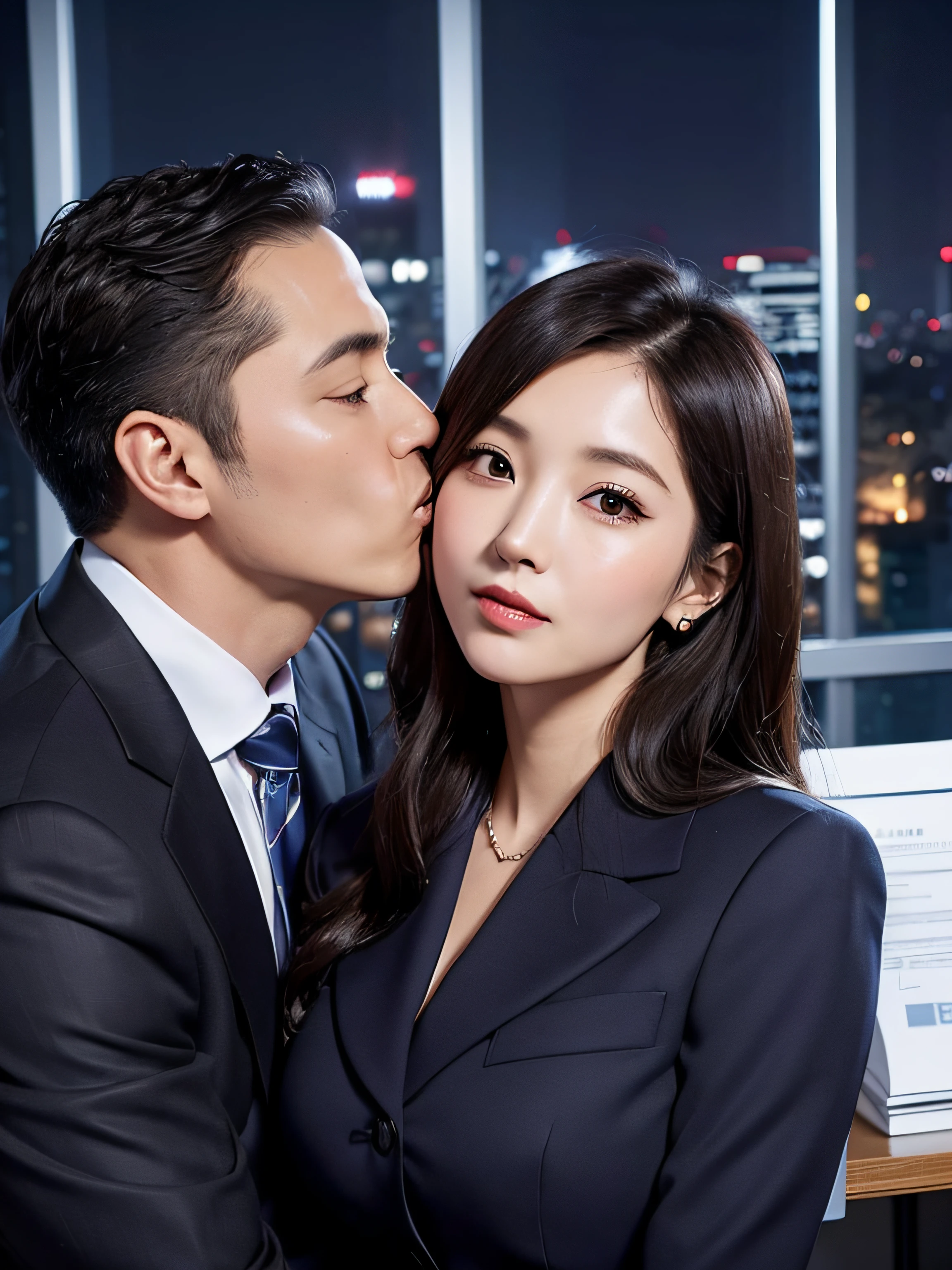 Beautiful woman wearing an office lady suit、(Kissing a beautiful middle-aged man in a suit:1.1)、(In an empty office)、(A detailed face:1.5)、The background is a window with a view of a skyscraper、(Night:1.6)