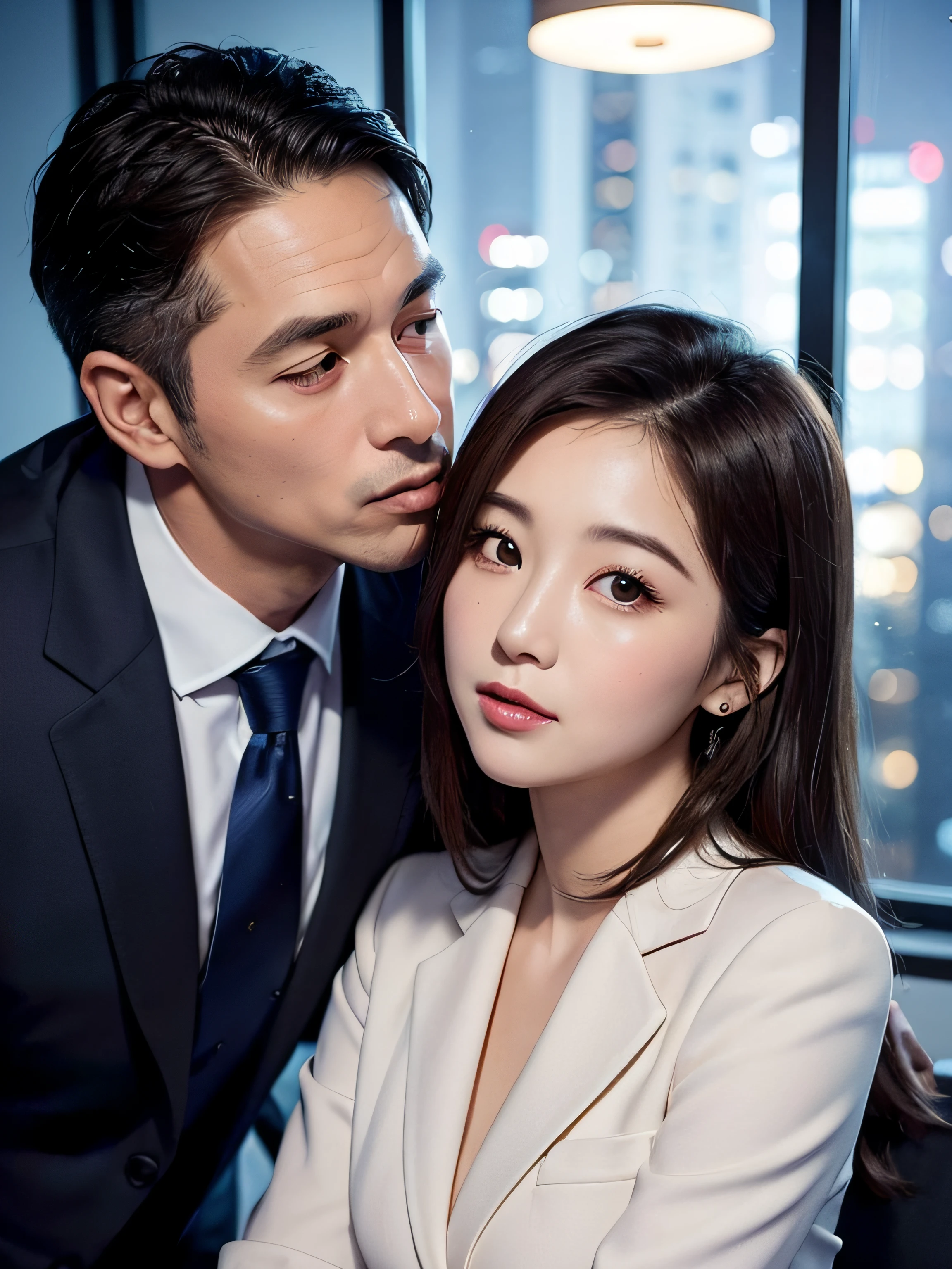 Beautiful woman wearing an office lady suit、(Kissing a beautiful middle-aged man in a suit:1.1)、(In an empty office)、(A detailed face:1.5)、The background is a window with a view of a skyscraper、(Night:1.6)
