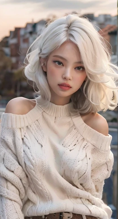 a close-up of a woman in a white sweater and a belt, menina perfeita de cabelos brancos, menina com cabelo branco, menina com cabelo branco curto, cabelos brancos, cor do cabelo branco, cabelo branco bonito, menina cabelo prateado, senhora de cabelos brancos, cabelos brancos, menina do cabelo prateado, Branco - Cabelos Loiros, branco hime corte penteado, cabelos brancos rosto bonito