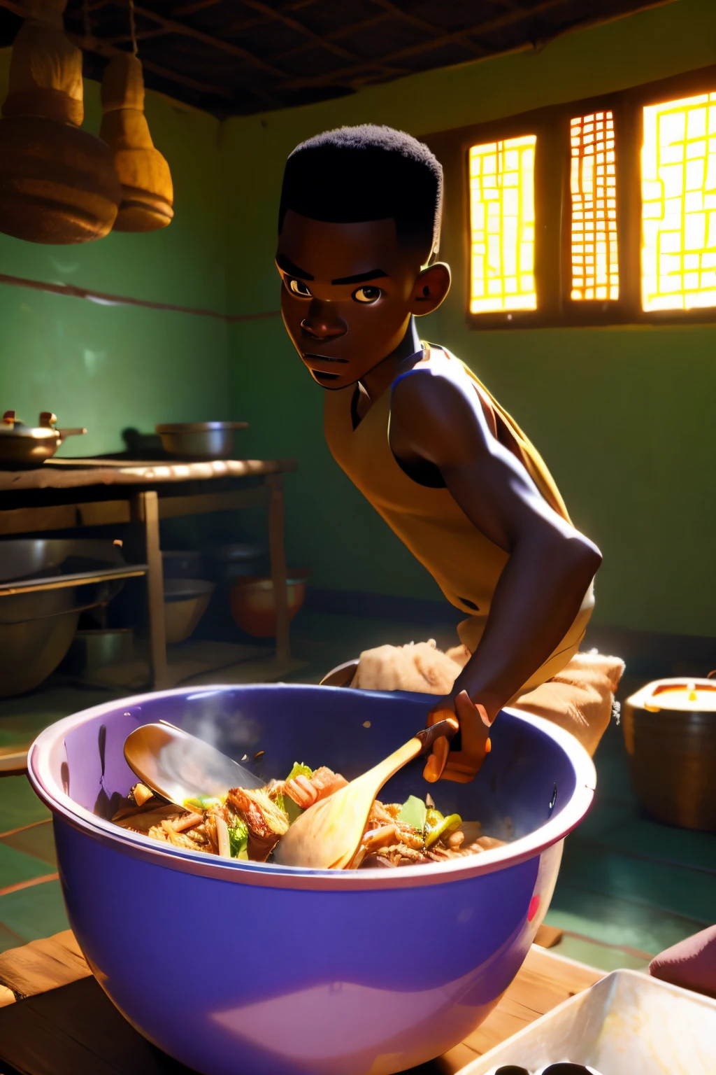 Generate a Pixar-style image of an African teenage boy stealing meat from the pot in an African home setting.