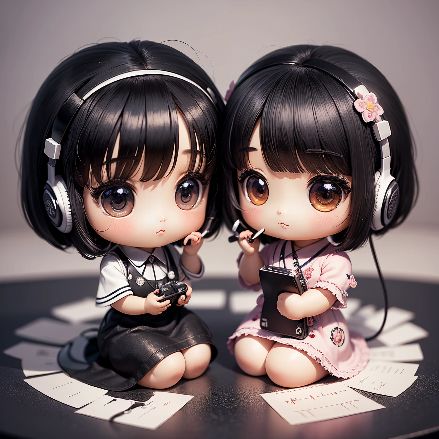 masterpiece、top-quality、ultra-detailliert、(chibi character telephone operator:1.2),☎︎,Black phone,Black Hair Bob,Sit up