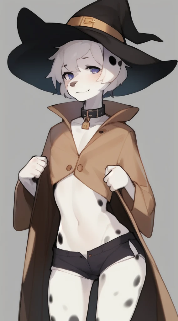 (1 boy:1.2), The body is like a girl's, Dalmatians ,femboi, eye liner, lips, Short shorts, huge coat with collar, Wide-brimmed witch hat, Author: Bebebebebe, A fluffy, lock, Black lip gloss, Short Hair Hair, small waist, wide hips, Slim, the perfect body