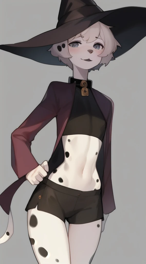 (1 boy:1.2), The body is like a girl's, Dalmatians ,femboi, eye liner, lips, Short shorts, huge coat with collar, Wide-brimmed witch hat, Author: Bebebebebe, A fluffy, lock, Black lip gloss, Short Hair Hair, small waist, wide hips, Slim, the perfect body