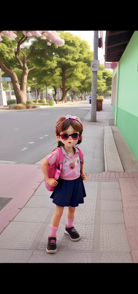 A  wearing a pink backpack and sunglasses with pink frames