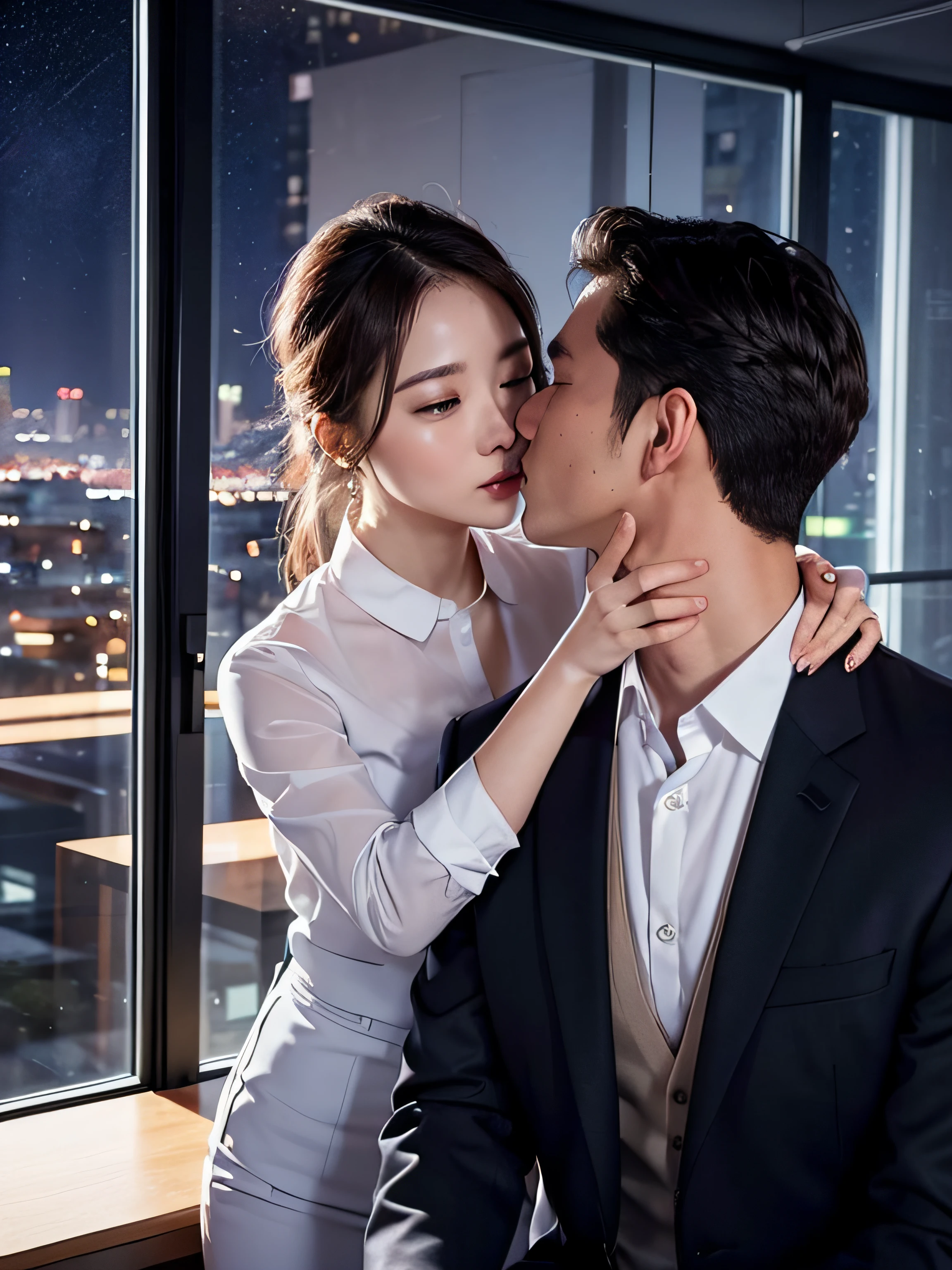 Beautiful woman wearing an office lady suit、(Kissing a beautiful middle-aged man in a suit:1.1)、(In an empty office)、(A detailed face:1.5)、The background is a window with a view of a skyscraper、(Night:1.6)