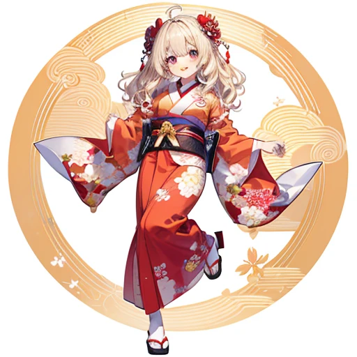 masutepiece, Best Quality, 1womanl, Beige hair:1.5、Wavy long hair、side swept bangs、独奏、Wearing a Japan red kimono、{{White background、 Background:1.8}}、full body Esbian、gently smiling、New Year Japan