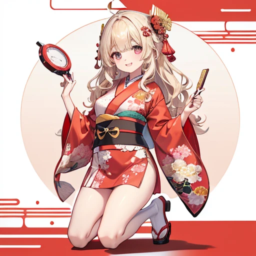 masutepiece, Best Quality, 1womanl, Beige hair:1.5、Wavy long hair、side swept bangs、独奏、Wearing a Japan red kimono、{{White background、 Background:1.8}}、full body Esbian、gently smiling、New Year Japan