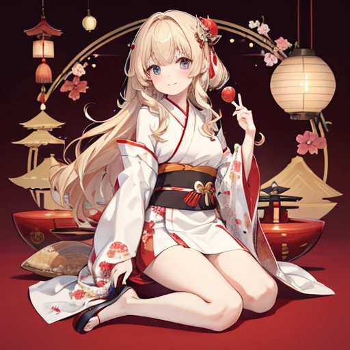 masutepiece, Best Quality, 1womanl, Beige hair:1.5、Wavy long hair、side swept bangs、独奏、Wearing a Japan red kimono、{{White background、 Background:1.8}}、full body Esbian、gently smiling、New Year Japan