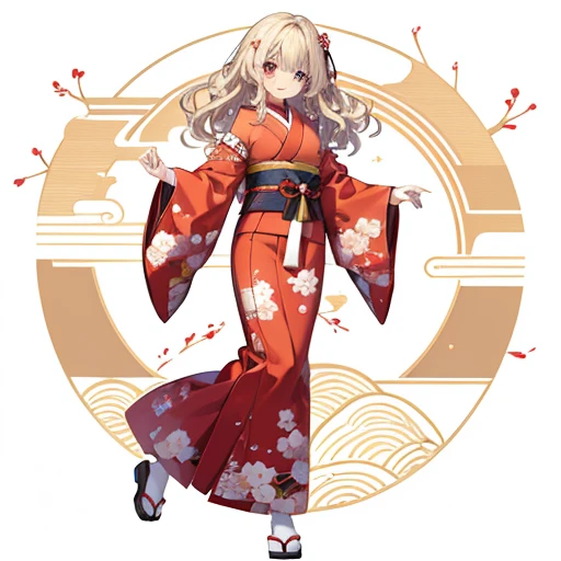 masutepiece, Best Quality, 1womanl, Beige hair:1.5、Wavy long hair、side swept bangs、独奏、Wearing a Japan red kimono、{{White background、 Background:1.8}}、full body Esbian、gently smiling、New Year Japan