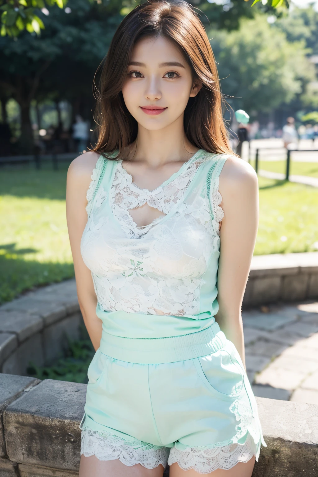 ((((top-quality))))、(((Ultra Precision CG16K Wallpapers)))、(((masterpiece)))、(((ultra-detailliert)))、(((Ultra-extreme details)))、1Man Woman、a matural female、a 25yo woman、((Korean Face))、((extremely beautiful face))、((a beauty girl:1.5))、((Semi-long cut、curly hair:1.2))、(shinny hair)、Bangs up to the eyebrows、Beautiful brown hair、Beautiful delicate eyes、Brown eyes、raised eyebrows、lofty nose、small nostrils、seductive lips、slightly open mouth、Beautiful breasts、C-cup size breasts、cleavage of the breast、Plump body、perfectly proportions、perfect anatomia、Beautiful and detailed shading、Beautiful natural lighting、Beautiful detail glow、depth of fields、(((a high chroma)))、((realisitic:1.9))、((Vivid:1.4))、((Beautiful skin))、((Skin texture))、((Realistic skin feeling))、perfect-composition、((cowboy shot))、((Frontal angle of view))、((a smile:1.3))、(Eyes looking at me)、Bright sunshine、((Walking in the park:1.3))、(Blur the background)、((Mint green color lace knit tank top worn、Wearing white shorts:1.5))、(a necklace)、