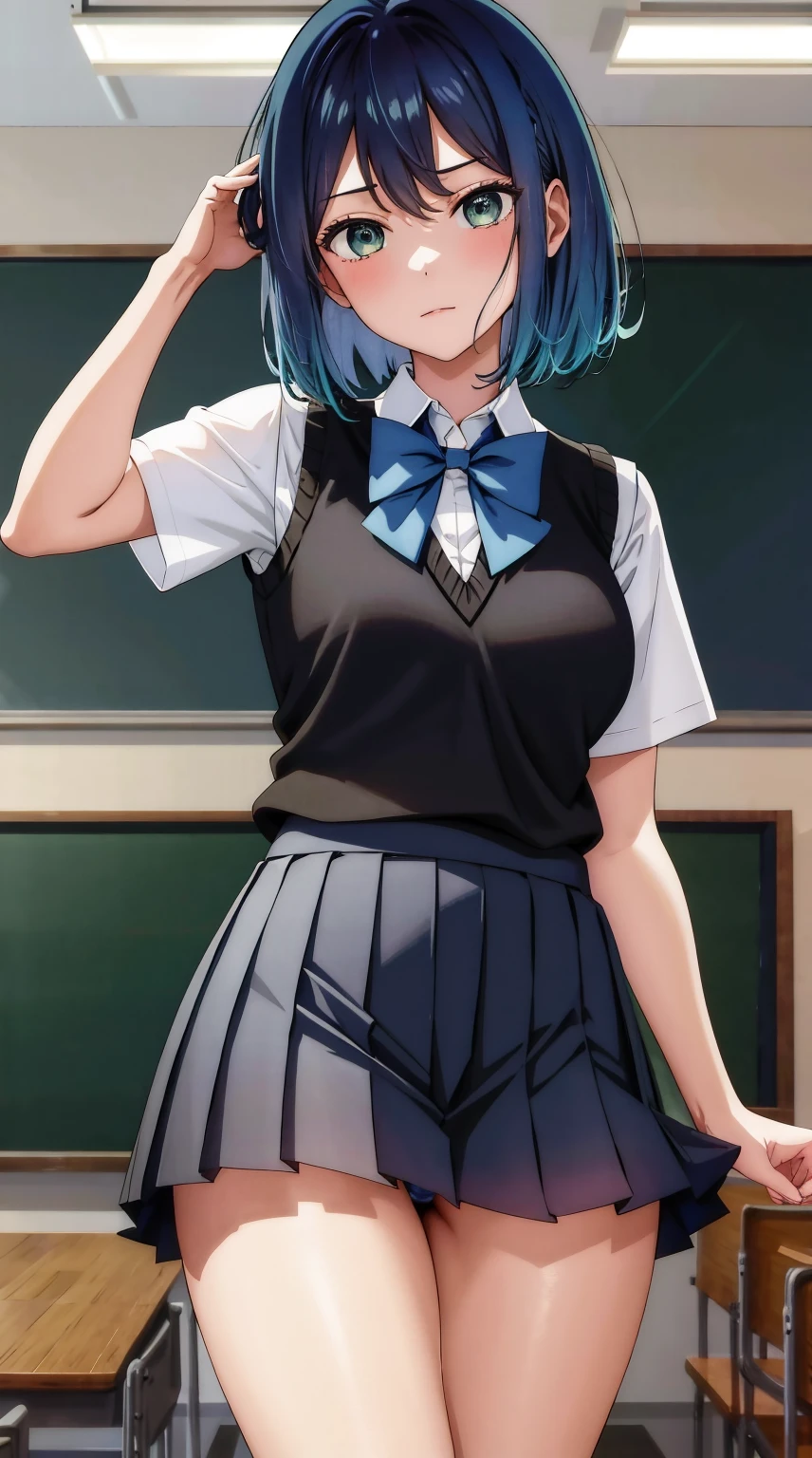 tall Good Style high-level image quality masutepiece, Best Quality, hight resolution, 1girl in, Fumakane, Blue hair, Short hair, Gradient Hair, blue bowtie, Collared shirt, Black vest, Short sleeves, pleats a miniskirt, grey miniskirt, Cowboy Shot, Standing, Classroom thighs thighs thighs underwear Panties, butt thrust back:1.3