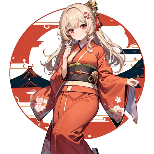 masutepiece, Best Quality, 1womanl, Beige hair:1.5、Wavy long hair、side swept bangs、独奏、Wearing a Japan red kimono、{{White background、 Background:1.8}}、full body Esbian、gently smiling、New Year Japan