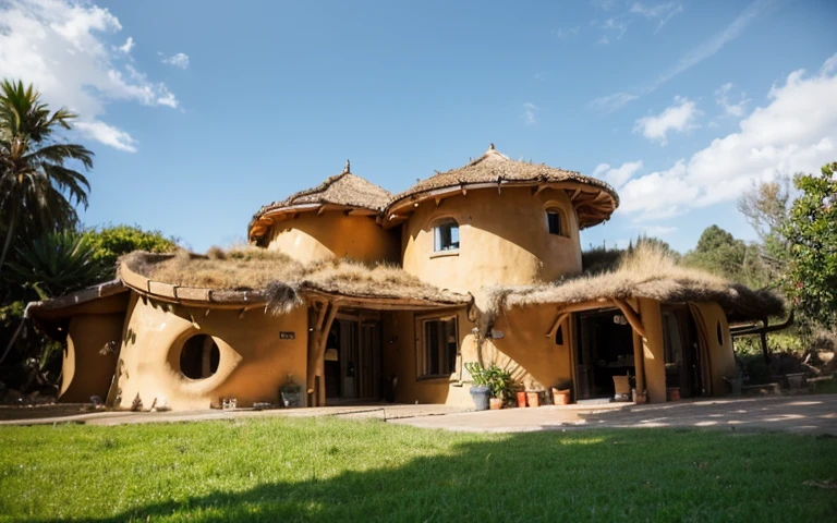 A close up photograph of a house with buttress wall and round window, mustard yellow terracota plaster walls (((rustic clay stucco))), ((corner walls rounded)), ((rustic clay plaster)), (((terracotta walls with rounded corners))), (((rustic earth plaster, mud))), ((natural houses)), ecovillage, sustainable architecture, bioconstruction architecture, solarpunk architecture, ((green architecture)), passive house, clear sky in the background, painful beauty, modern, imposing, green house, ((Bali hobbit Hadid Style)), super resolution, cinematic, color grading, editorial photography, photography, photo shoot, (((dramatic front eye close up view))), O 50mm, depth of field, intricate details, natural colors, sharp focus, warm light, shutter speed 1/1000, F/22, White Balance, Ray Trace Reflections, Lumen Reflections, Screen Space Reflections, Diffraction Rating, Chromatic Aberration, GB Shift, Partial Lighting, Backlighting, Daylighting, Scan Lines, ambient occlusion, antialiasing, shaders, OpenGL-Shaders, GLSL-Shaders, Post-processing, post-production, shading, tone mapping, incredibly detailed and complex, hypermaximalist, elegant, hyperrealistic, super detailed, dynamic pose, Fujifilm XT