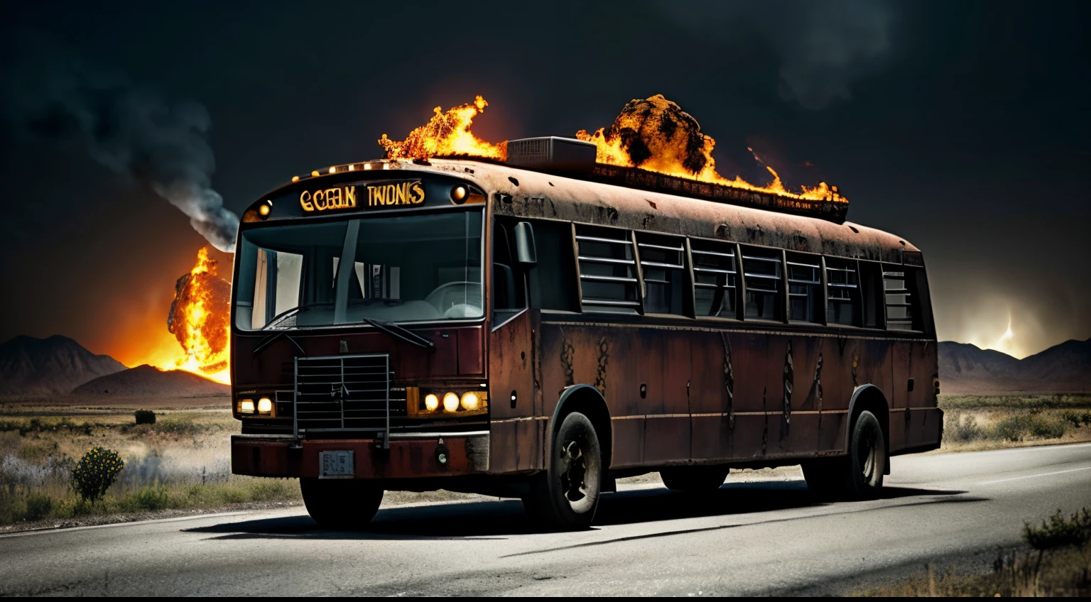 SCP-3583, from SCP lore, a schoolbus which displays multiple anomalous properties, driving through an hellish landscape, con muchos incendios, humo, zombies and demon-like entities, Spooke, misterioso, arte conceptual de Rembrandt y Da Vinci y Clive Barker