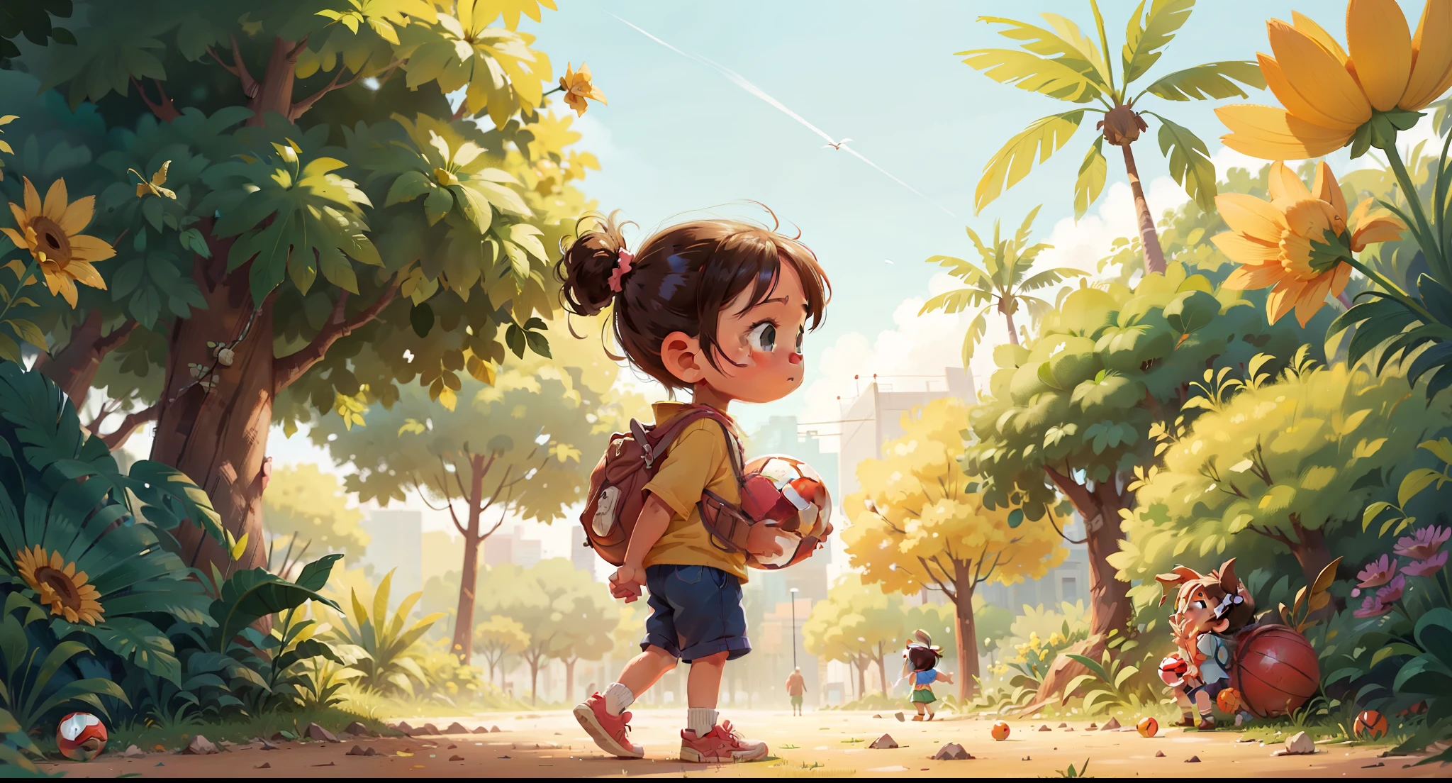 side view full length portrait of a child holding a ball, parque ensolarado