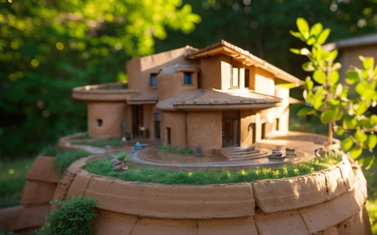 A close up photograph of a house with buttress wall, mustard yellow terracota plaster walls (((rustic clay stucco))), ((corner walls rounded)), ((rustic clay plaster)), (((terracotta walls with rounded corners))), (((rustic earth plaster, mud))), ((natural houses)), ecovillage, sustainable architecture, bioconstruction architecture, solarpunk architecture, ((green architecture)), passive house, clear sky in the background, painful beauty, modern, imposing, green house, ((Bali hobbit Hadid Style)), super resolution, cinematic, color grading, editorial photography, photography, photo shoot, (((dramatic front eye close up view))), O 50mm, depth of field, intricate details, natural colors, sharp focus, warm light, shutter speed 1/1000, F/22, White Balance, Ray Trace Reflections, Lumen Reflections, Screen Space Reflections, Diffraction Rating, Chromatic Aberration, GB Shift, Partial Lighting, Backlighting, Daylighting, Scan Lines, ambient occlusion, antialiasing, shaders, OpenGL-Shaders, GLSL-Shaders, Post-processing, post-production, shading, tone mapping, incredibly detailed and complex, hypermaximalist, elegant, hyperrealistic, super detailed, dynamic pose, Fujifilm XT