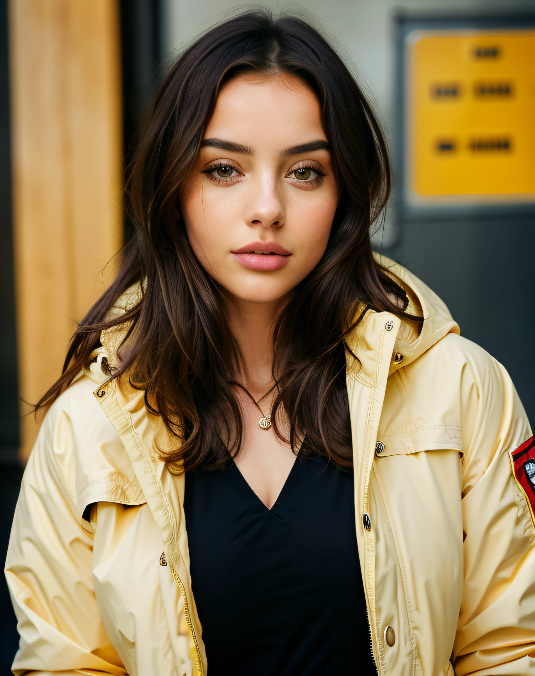 arafed woman with long hair and a jacket looking at the camera, a character portrait by Tobias Stimmer, shutterstock, photorealism, portrait of ana de armas, ana de armas portrait, backlit shot girl in parka, 50mm portrait, photo of a beautiful woman, portrait of barbara palvin, attractive young woman, 60mm portrait