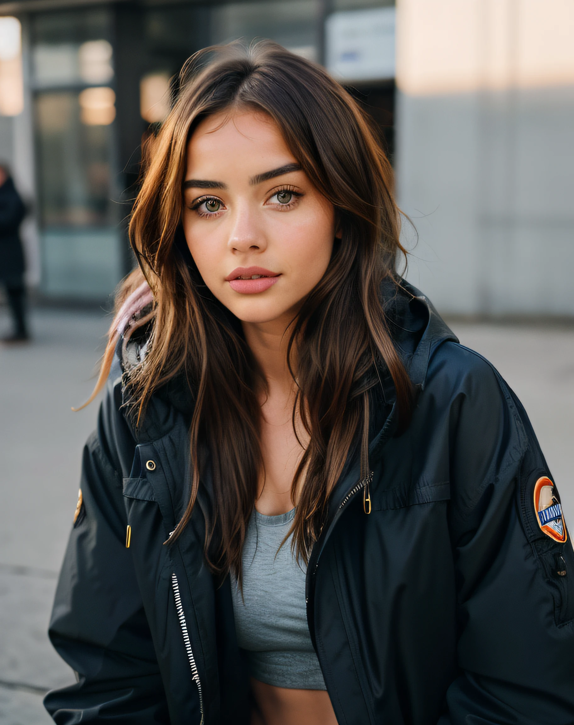 arafed woman with long hair and a jacket looking at the camera, a character portrait by Tobias Stimmer, shutterstock, photorealism, portrait of ana de armas, ana de armas portrait, backlit shot girl in parka, 50mm portrait, photo of a beautiful woman, portrait of barbara palvin, attractive young woman, 60mm portrait