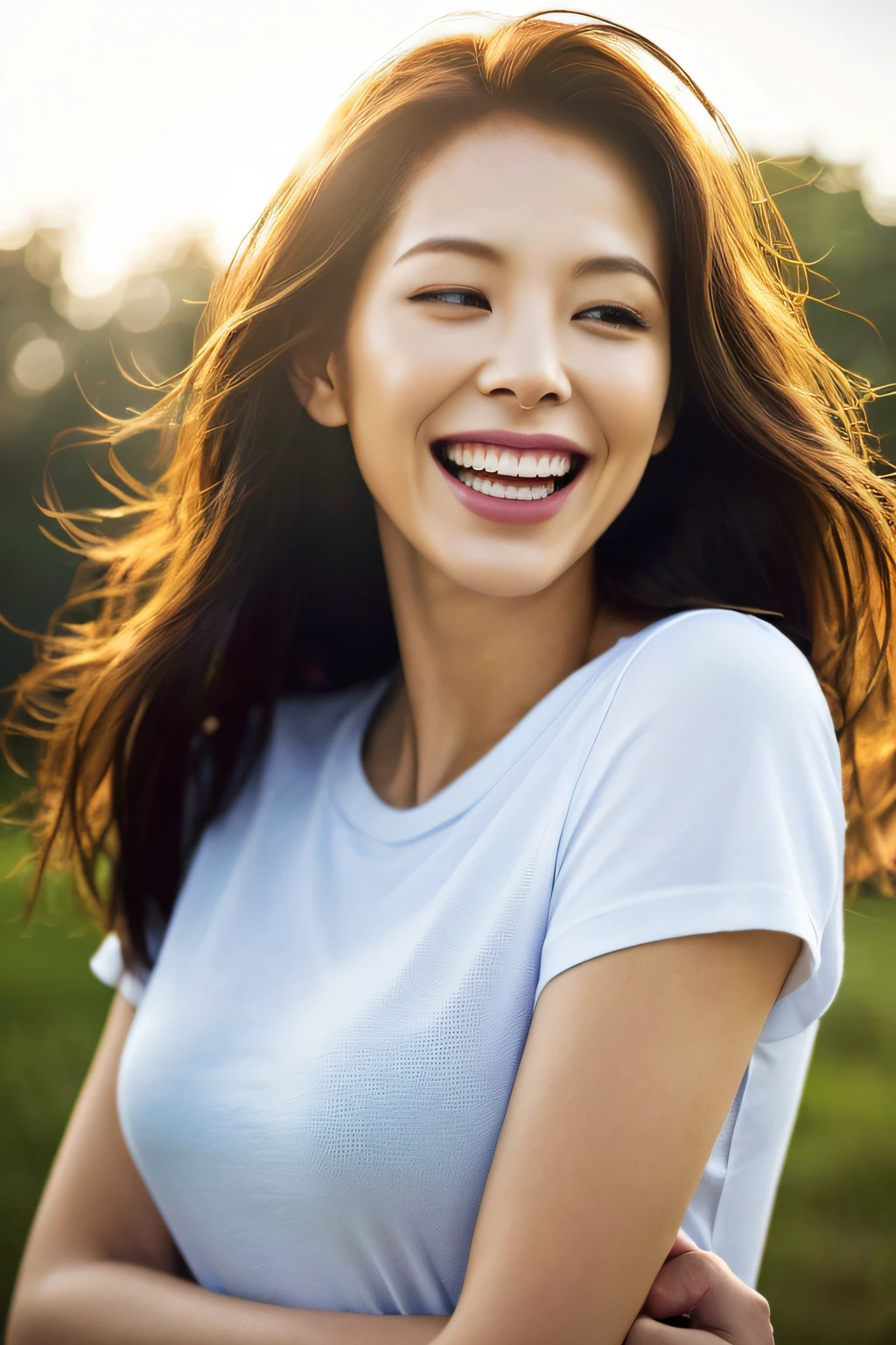 dressed, (photo realistic:1.4), (hyper realistic:1.4), (realistic:1.3),
(smoother lighting:1.05), (increase cinematic lighting quality:0.9), 32K,
1girl,20yo girl, realistic lighting, backlighting, light on face, ray trace, (brightening light:1.2), (Increase quality:1.4),
(best quality real texture skin:1.4), finely detailed eyes, finely detailed face,
(tired and sleepy and joy), (laugh:1.4), face closeup, t-shirts,
(Increase body line mood:1.1), (Increase skin texture beauty:1.1)