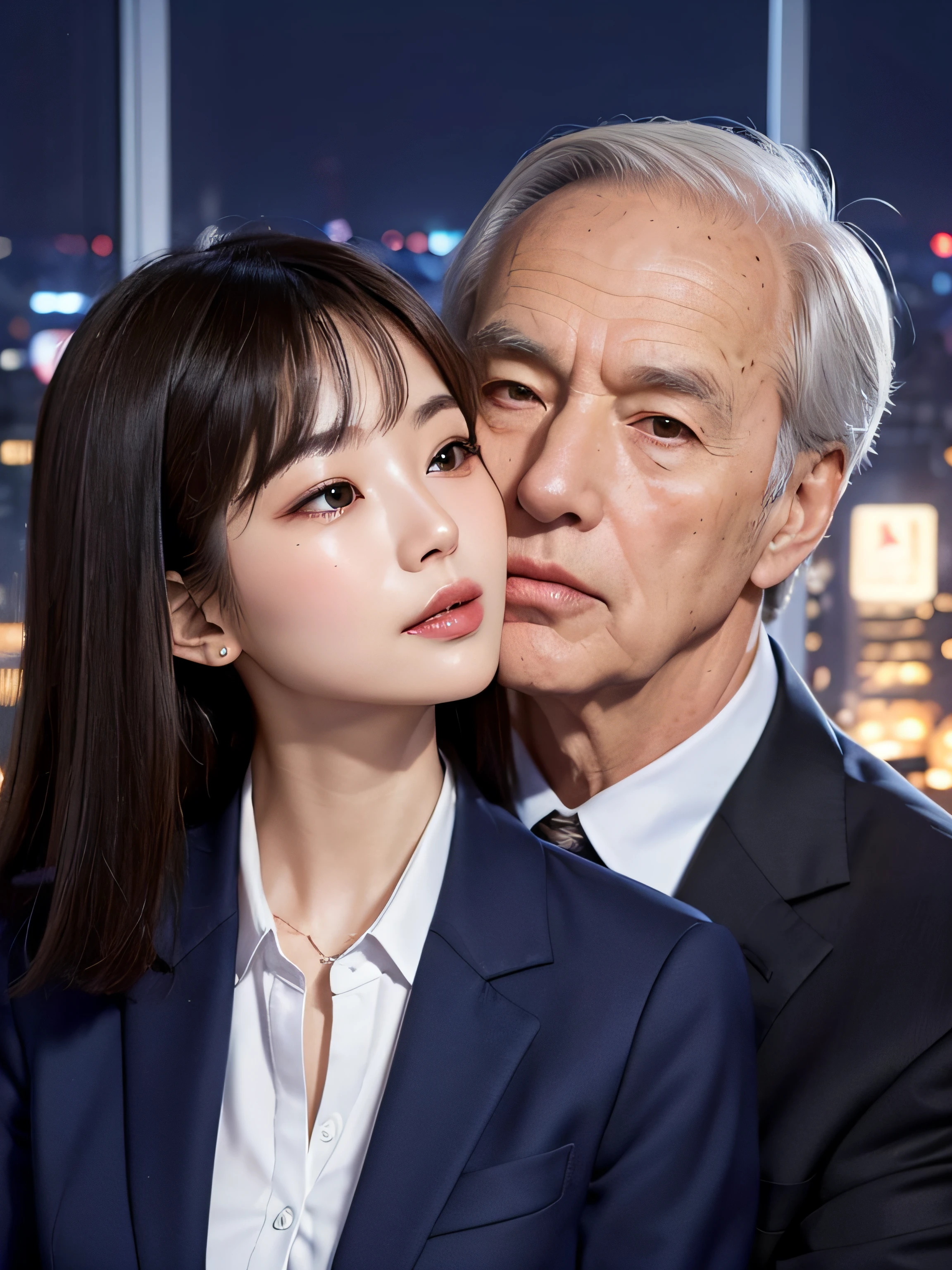 Beautiful woman wearing an office lady suit、(Kissing a beautiful older man in a suit:1.1)、(In an empty office)、(A detailed face:1.5)、The background is a window with a view of a skyscraper、(Night:1.6)