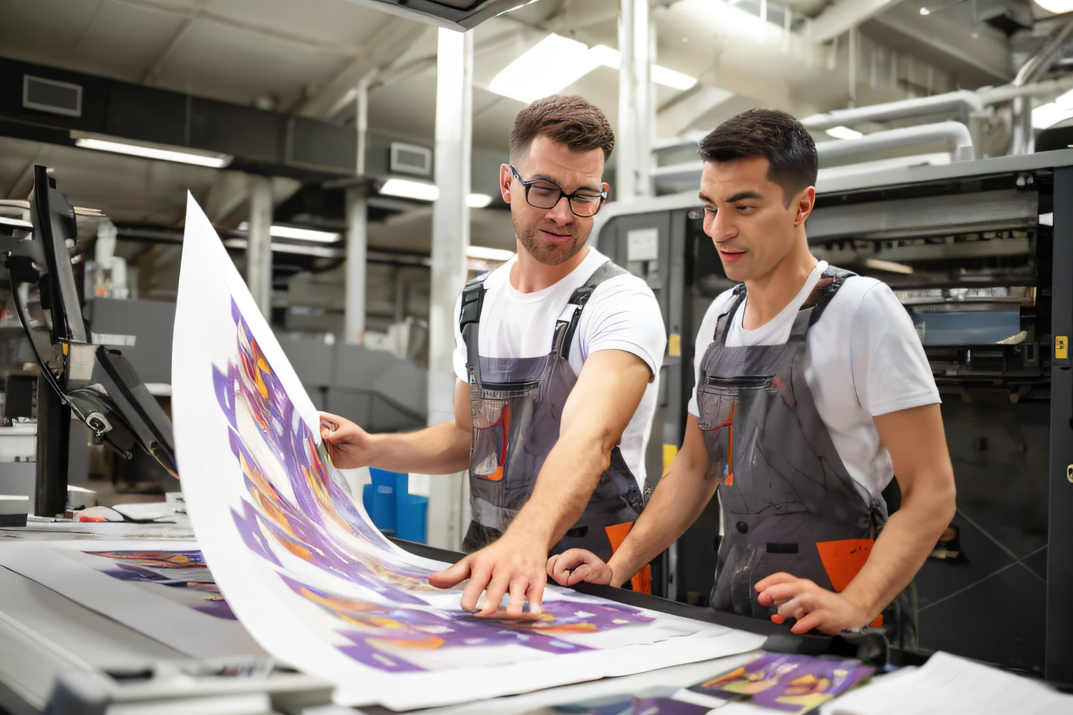 they are looking at a print on a large screen in a factory, hq print, high quality print, offset printing technique, edge - to - edge print, edge-to-edge print, offset lithography print, high quality printing, offset lithography, graphic print, colour print, lithography, photo still, bold graphics, advertising photo, lithographic print