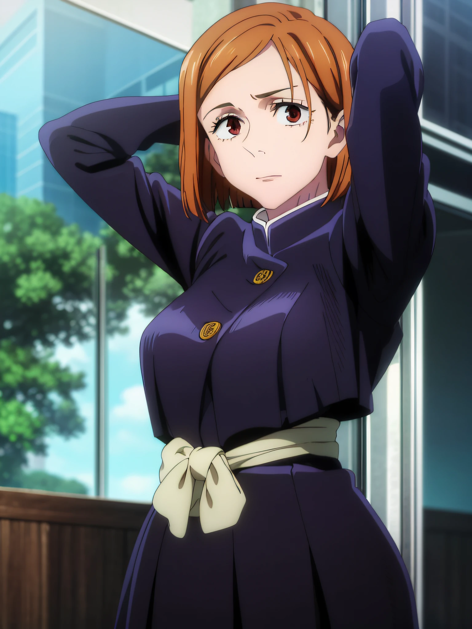 (masterpiece), (best quality), (ultra-detailed), (best illustration), (best shadow), (absurdres), nobarakugisakinova, short hair, orange hair, ((brown eyes)), kugisaki nobara, 1girl, solo, bangasterpiece:1.0),(best_quality:1.0), ultra high res,4K,ultra-detailed, photography, 8K, HDR, highres, absurdres:1.2, Kodak portra 400, film grain, blurry background, bokeh:1.2, lens flare, (vibrant_color:1.2), (beautiful_face:1.5),(narrow_waist),reaching,school uniorm gakuran,outdoors,arms up