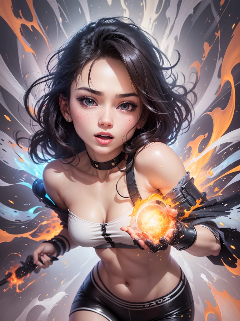 Anime style woman with fire, s face, expressing pleasure, short clothes, symmetrical facial expression body, Random coloring page, 2D, planar vector, Character design, T-shirt design, Colorful splashes, vector art, Fantasy art, watercolor effect,Digital Painting, White BG, 8K --auto --s2