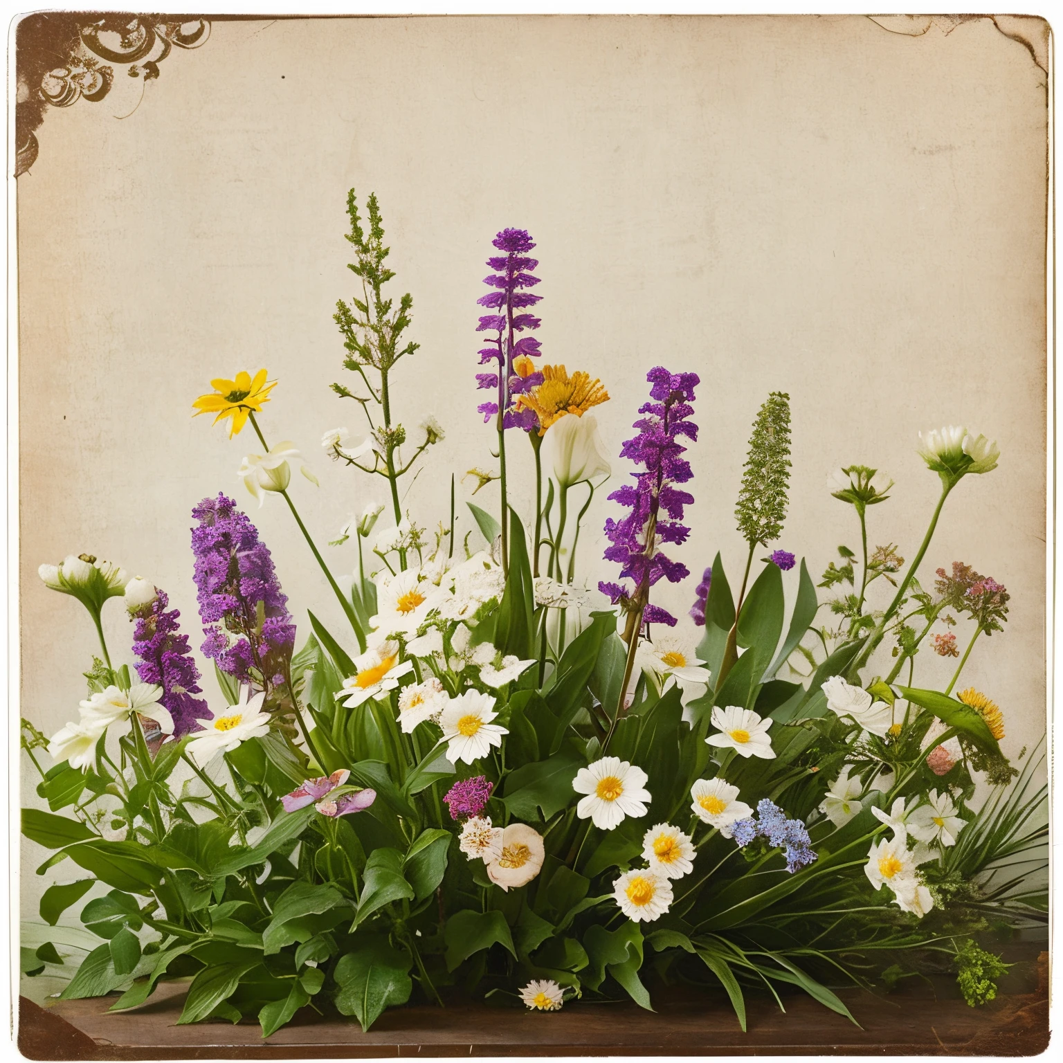 vintage flower postcard: Flowers that stand out on a white background々But、Creates a vintage postcard-like atmosphere