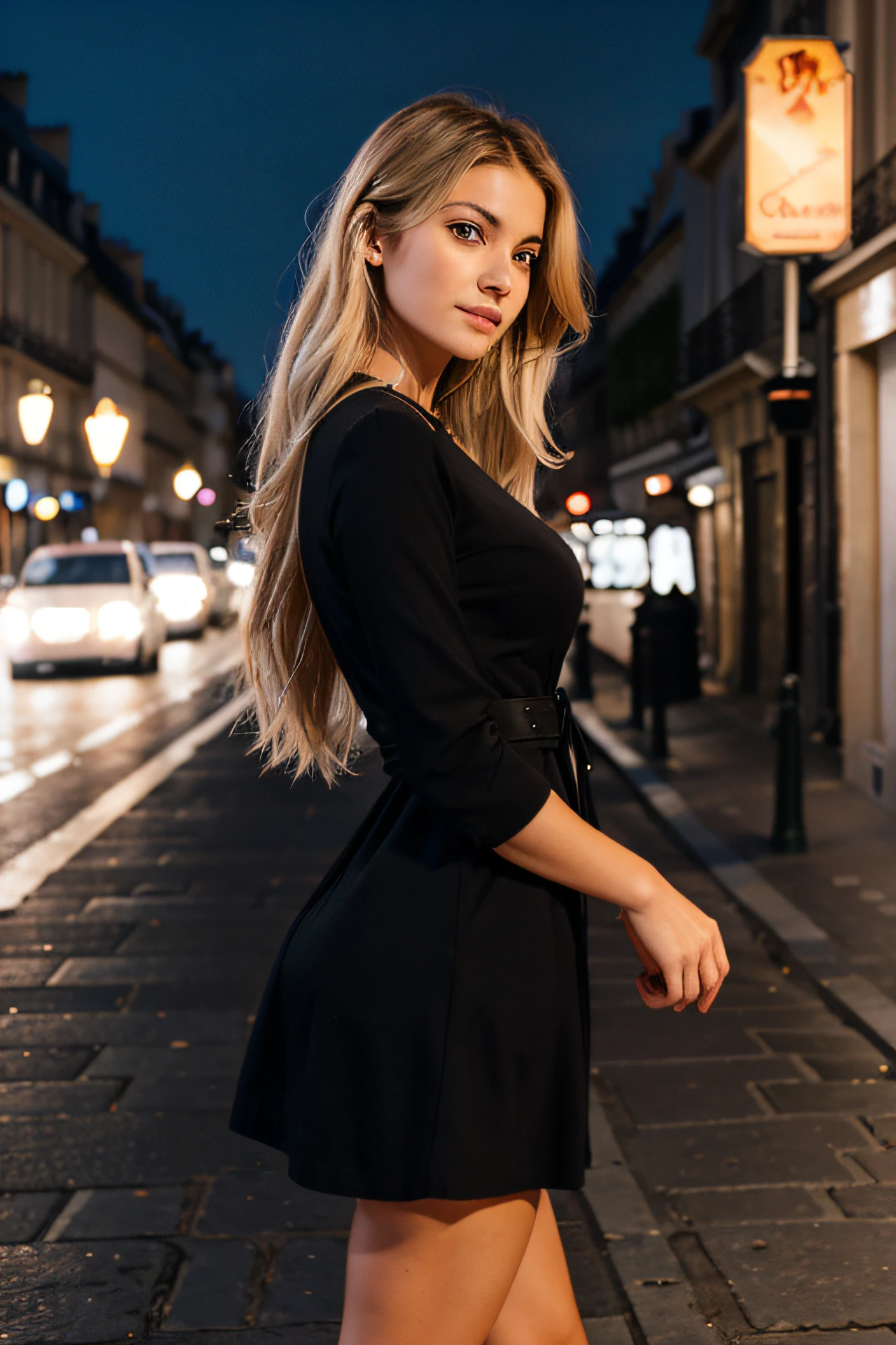 Côté profil vue de profil, Models d'image de diffusion d'une femme de 27 ans, 170cm de haut, femme en bonne forme physique, cheveux blonds, peau claire, Les seins sont moyens. Porter un seky, robe noire cuisse, stroll through the charming streets of Paris. His presence exudes youth and strength, and look directly at the camera, Capture a strong moment in the heart of the city of'amour.