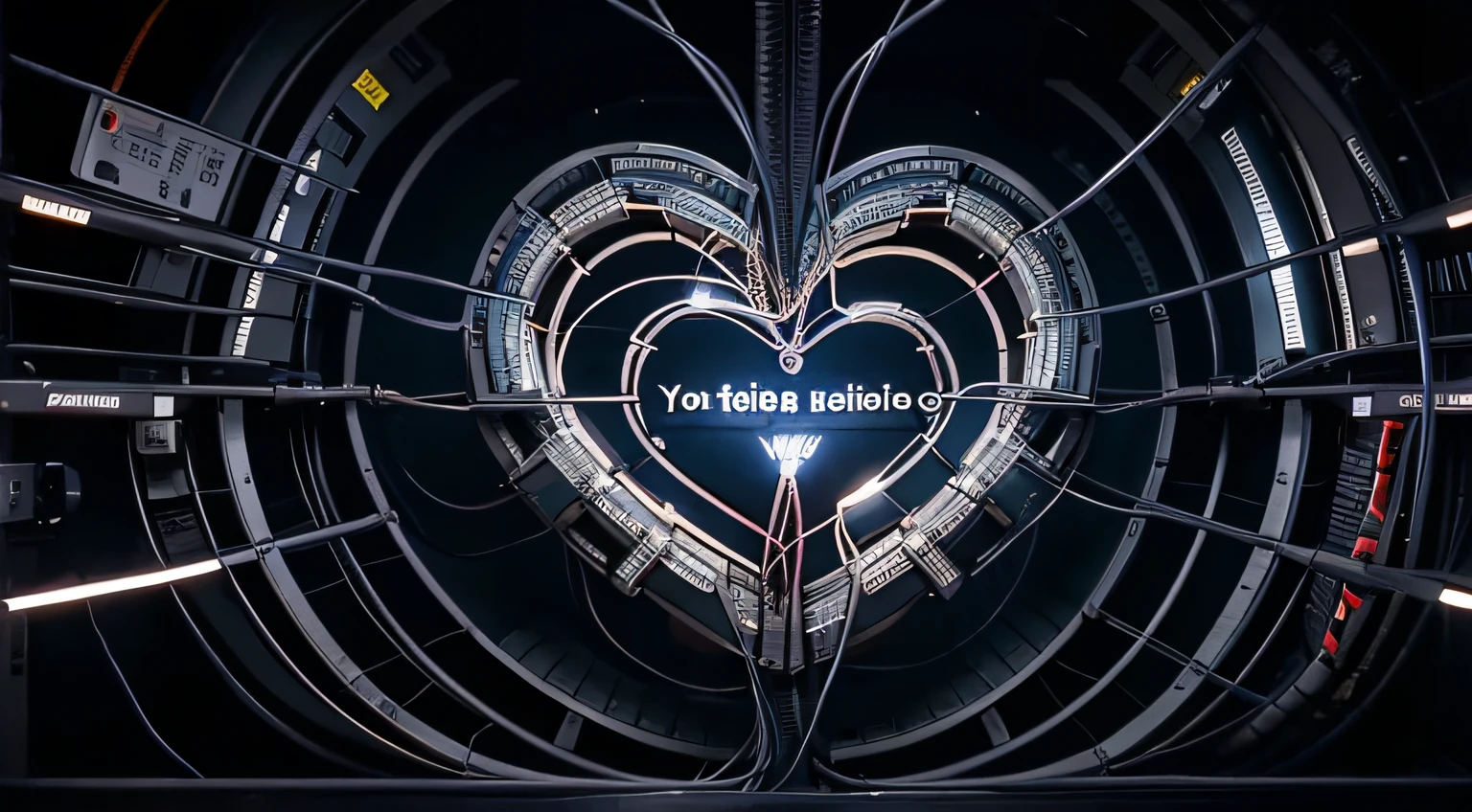 YouTube Banner, Wires forming a heart in the center. Wires form text: AI Love, text is separated by the heart in the center
