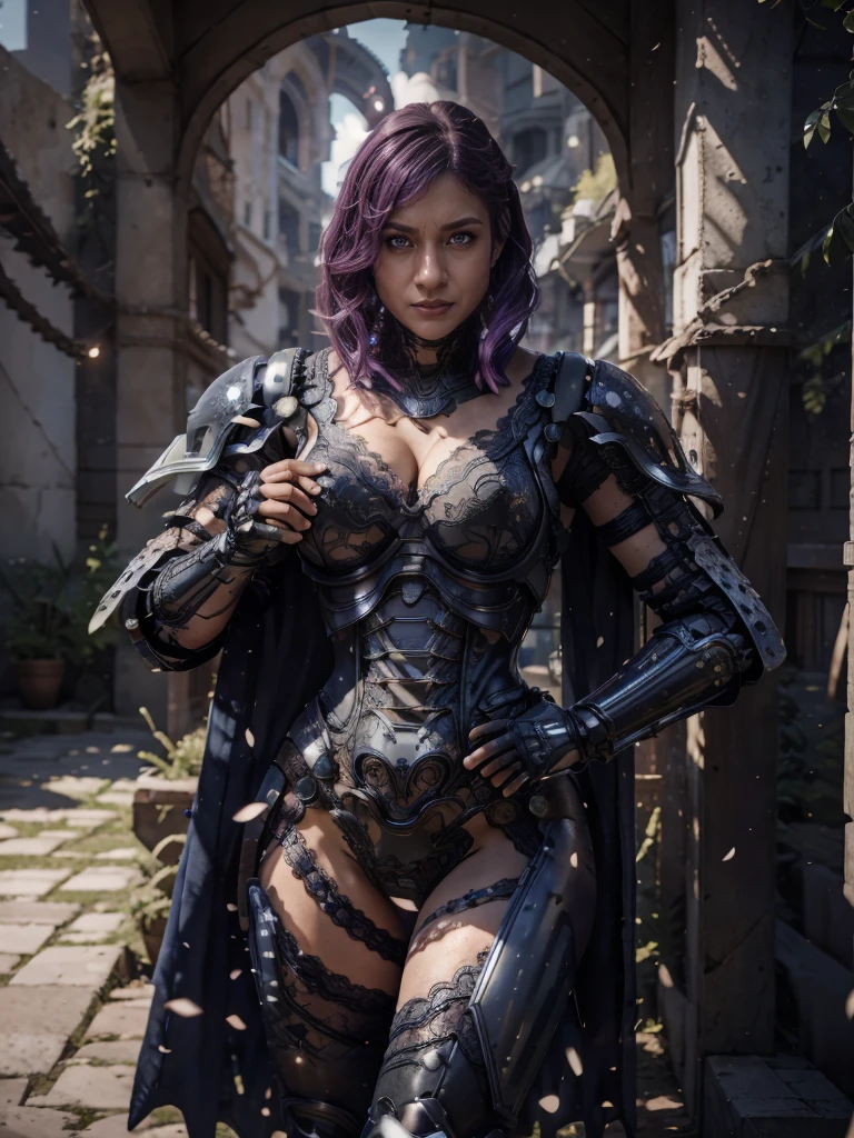 absurdres, intricate details, masterpiece, best quality, high resolution, 8k, 1girl, (lac34rmor, lace power armor, huge weapon:1.2), cape, looking at viewer, fighting stance, angry, 1girl, (detailed face, grey eyes, pink hair, eye reflection, blue necklace, outdoorull body:0.7), detailed background, cinematic lighting, fantasy background