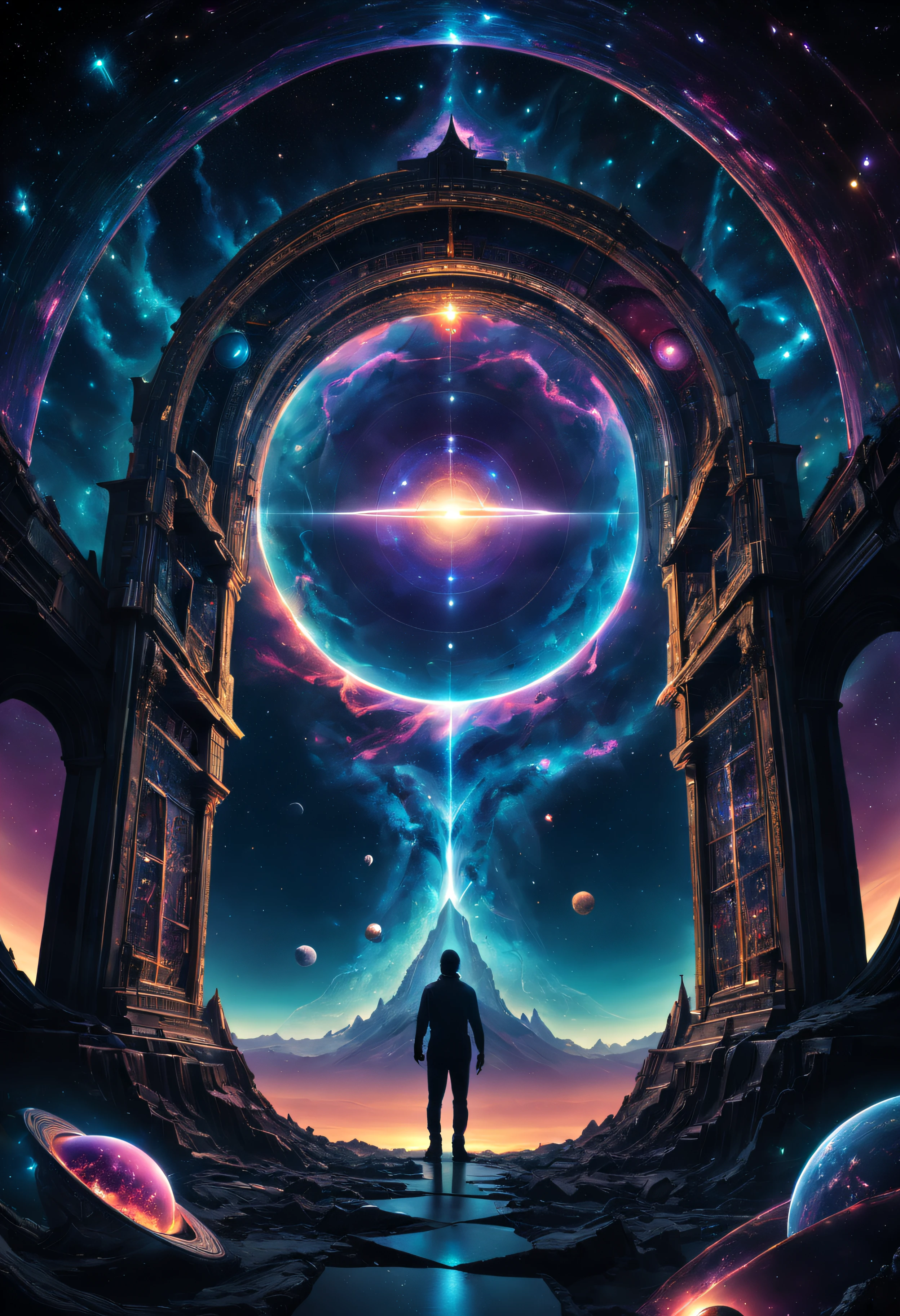 A parallel universe with a hypercube of cosmic proportionest quality, 4k, highres, masterpiece:1.2), ultra-detailed, (realistic,photorealistic,photo-realistic:1.37), futuristic, glowing, iridescent, multi-dimensional, surreal, vibrant colors, intricate fractal patterns, intricate geometric structures, ethereal light, interstellar travel, infinite possibilities, mind-bending perspectives, cosmic energy, otherworldly landscapes, time-space continuum, mysterious portals, transdimensional beings, swirling vortexes, cosmic harmony, transcendent beauty, technologically advanced civilization, alien architecture, cosmic entities, celestial constellations, most epic thing that human eye ever seen