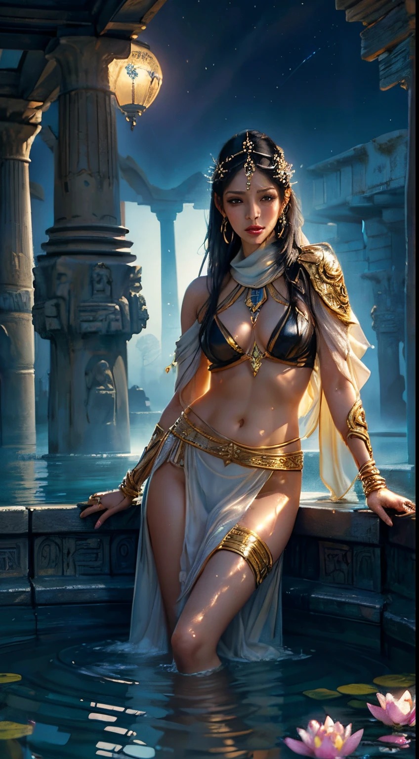 a beautiful wlop style face like an Egyptian goddess, sexy, perfect, toe-length straight hair and loose, silky golden skin (oily lighting) full lips, Egyptian scarf, jewelry and bracelet (otorealistic:photorealistic, 8k Work-premium), wearing a gold and white Egyptian garment, Black screen ((black background)), (Hyperrealistic: Lifelike intricate details), Smiling: Features, (Well detailed texture and pure atmosphere perfect lighting), beautiful vagina, vagina with soft hairs, beautiful breasts , perfect breasts, erotic pose, provocative sexy pose, transparent clothing, naked body with flower tattoo, pyramid in the background of the scene, pyramid with straight light on top, night sky, cloudy sky with rays, full moon, lamp and lantern, beautiful naked Egyptian goddess covered in jewelry and tattoos, cinnamon skin with shiny oil, jewelry in navel and vagina, interior of Egyptian temple, cloudy night with fog and lightning, Egyptian column, hieroglyphs on columns, girl lying on a column, fantasy, wlop art style, full female body, perfect female body, fighting expression, slight smile, delicate and perfect body, digital painting, colorful, ink painting, beautiful watercolor, real, vivid colors, by Pino Daeni, Frank Frazetta, WLOP Style Art, skin wet with water, toes submerged in a pond, flowers and garden inside the Egyptian temple, full moon, burning torch, girl looking into the water,