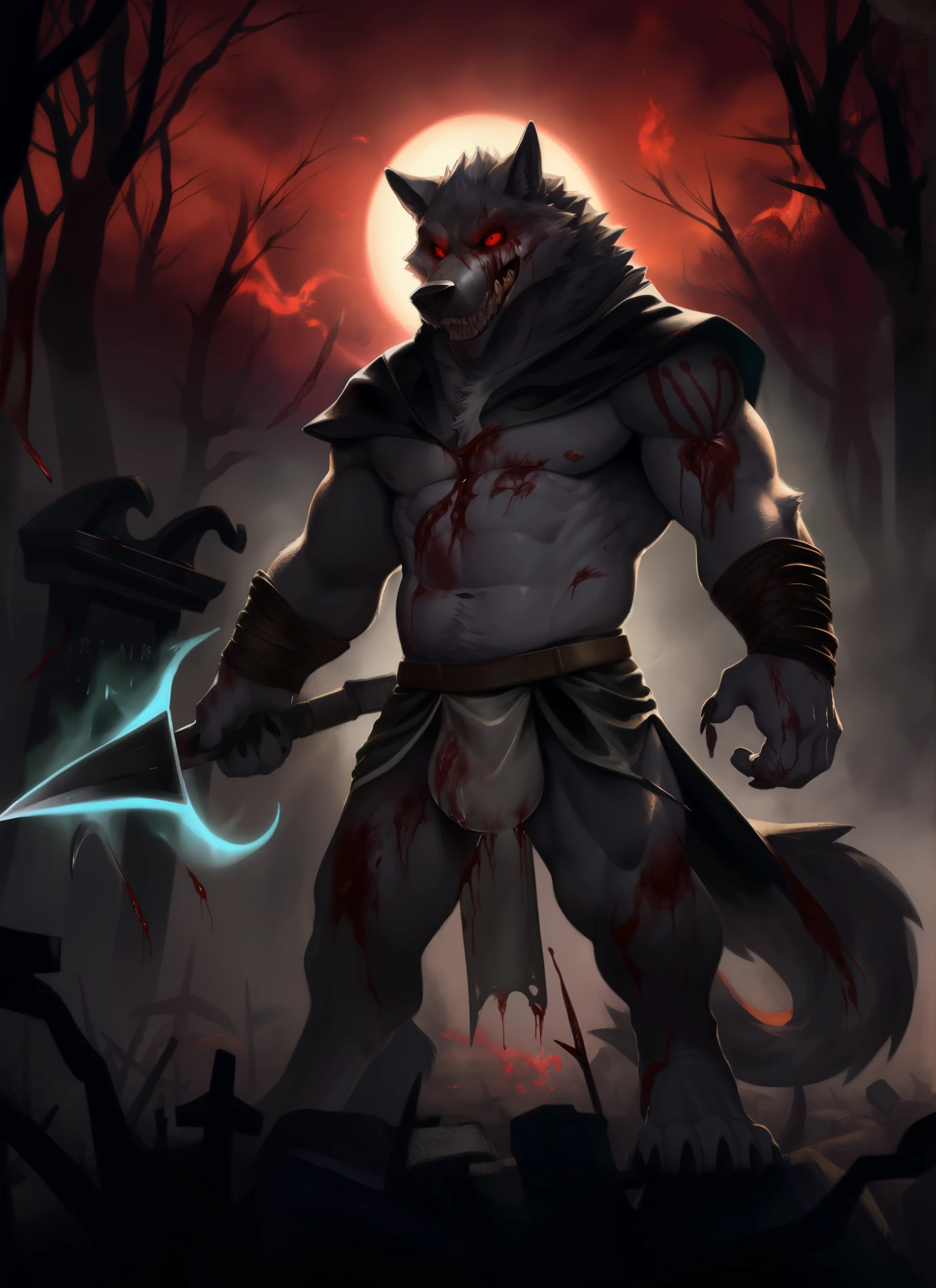 kemono,front view, (Death:1.6), anthro (wolf), male, (wolf), red glowing eyes, black iris, wild, athletic, deatiled eyes, dark,cloak,covered with (shroud), ((long loincloth, red Pattern: 1.2)), necromancer,(dark, horror, scary:1.2),(creepy, eerie, spooky:1.2),(surreal, dreamlike:1.1),(monster, creature, alien:1.2),(blood, gore, violence:1.2),(fog, mist, haze:1.0),(ghost, spirit, apparition:1.2),(skull, bone, skeleton:1.1),(tattoo, body art:1),holdin sickle,correct hand,(sickle, weapon, sharp:1.1),(shadow, silhouette, backlight:1.1),(glimmer, shine, sparkle:1.0),(red fire:1.3 ), dark fantasy, evil,cape, depth of field,graveyard, big blood moon, red sky), blood on face, blood rain, (depth of field), high contrast, (blood splatter:1.4), dim,dark, hd, dark shadows,cinematic, unrealistic, wide dynamic range, hdr, low light:1.2, by Pino Daeni, (by ruaidri), by virtyalfobo