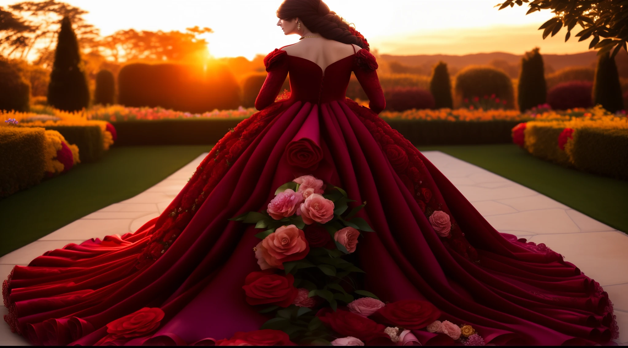 arafed woman in a red dress standing in a garden, extravagant dress, wearing a magnificent dress, dressed beautiful gown, intricate gown, royal gown, lady with glowing flowers dress, wearing a wonderful dress, fantasy dress, beautiful gown, full dress, fantasy long intricate gown, royal dress, ornate gown, magical dress, an intricate dress, stunning elegant pose, gown