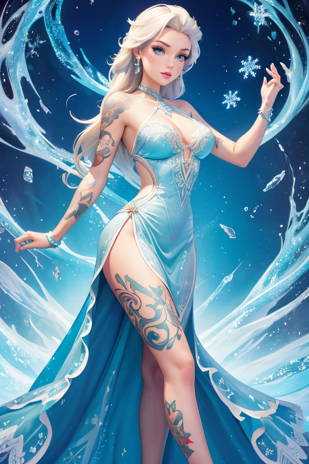 beautiful Disney princess, stunning face, half body shot, wearing a dress, frozen background, J Scott Campbell style, 8k, ultra sharp, tattoo,