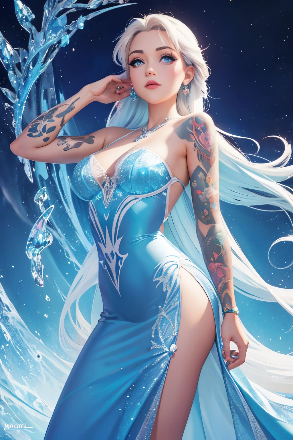 beautiful Disney princess, stunning face, half body shot, wearing a dress, frozen background, J Scott Campbell style, 8k, ultra sharp, tattoo,