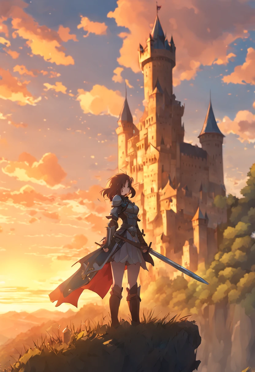 Young woman in medieval metal armor, lifting a sword toward the sky, near a faraway castle at sunset. Overlooking a valley, Anime artwork, anime style, key visual, vibrant, studio anime, highly detailed