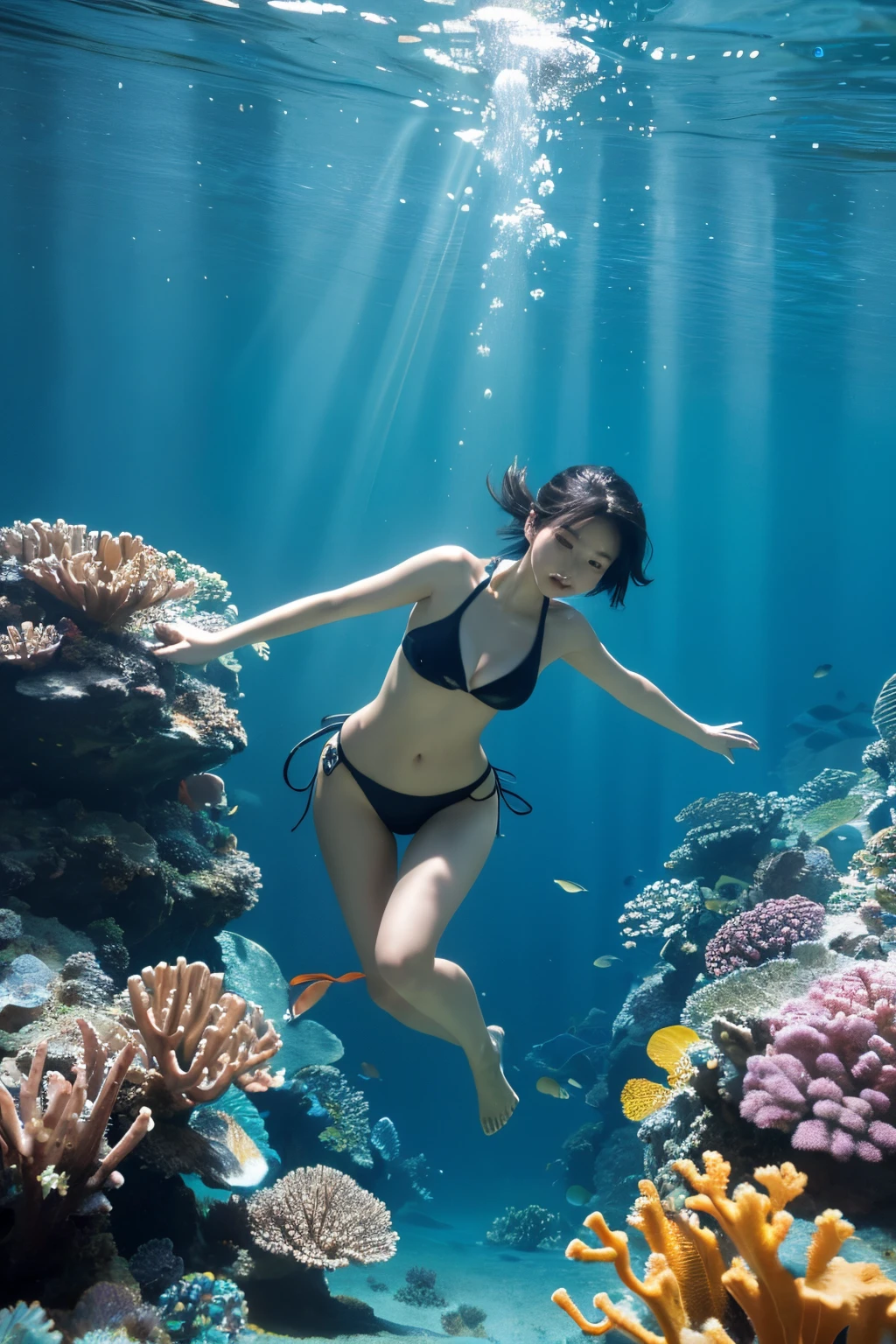 (Best quality, 8k, 32k, Masterpiece, UHD:1.2) "Generate an art scene depicting a Japanese girl model with short black hair in a chic bob hairstyle, clad in a swimsuit, scuba-diving and exploring the underwater world. Show her gracefully swimming amidst vibrant coral reefs, surrounded by a variety of colorful fish. Capture the sense of wonder and discovery on her face as she encounters the beauty of the aquatic ecosystem. Utilize dynamic lighting to simulate the play of sunlight filtering through the water, casting enchanting reflections and creating a serene and visually captivating underwater environment."