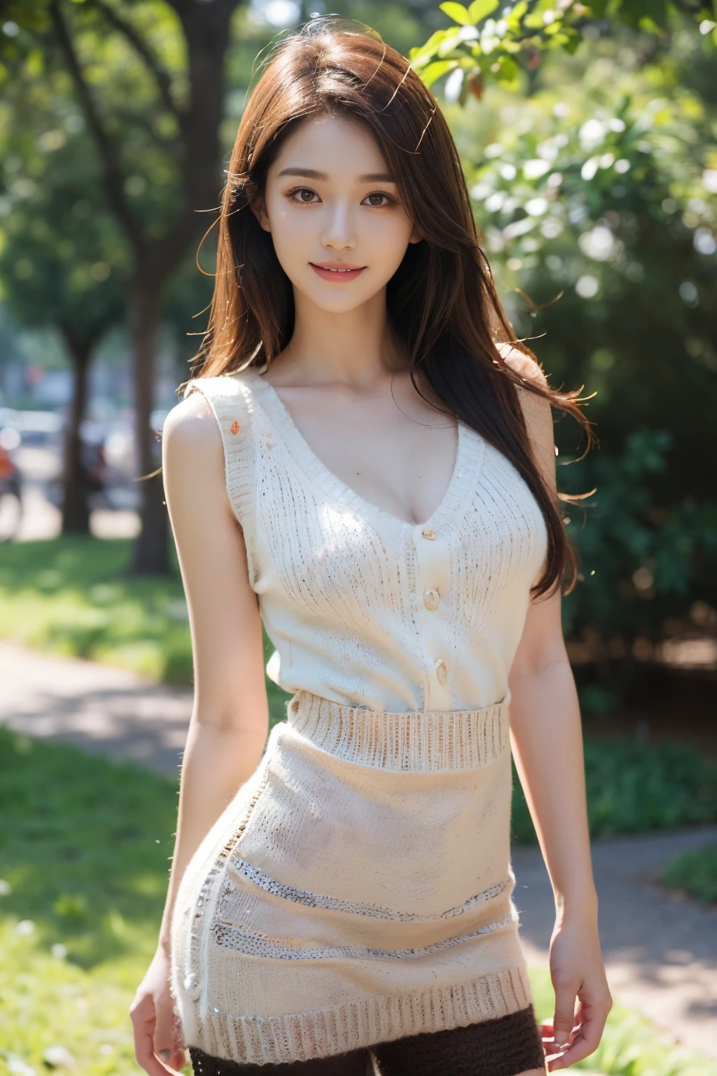 ((((top-quality))))、(((Ultra Precision CG16K Wallpapers)))、(((masterpiece)))、(((ultra-detailliert)))、(((Ultra-extreme details)))、1Man Woman、a matural female、a 25yo woman、((Korean Face))、((extremely beautiful face))、((tanaka minami:1.5))、((Straight semi-long hair:1.3))、(shinny hair)、Bangs up to the eyebrows、Beautiful brown hair、Beautiful delicate eyes、Brown eyes、raised eyebrows、lofty nose、small nostrils、Small mouth、seductive lips、slightly open mouth、Beautiful breasts、C-cup size breasts、cleavage of the breast、Plump body、perfectly proportions、perfect anatomia、perfect-composition、beautiful detailed shading、Beautiful natural lighting、Beautiful detail glow、depth of fields、(((a high chroma)))、(((realisitic:1.9)))、((Vivid:1.4))、((Beautiful skin))、((Skin texture))、((Realistic skin feeling))、(((Head-to-thigh shot:1.5)))、((Frontal angle:1.5))、((a smile:1.4))、(Eyes looking at me)、Bright sunshine、(((standing in park:1.5)))、(standing pose)、(((Beige sleeveless knit dress:1.6)))、