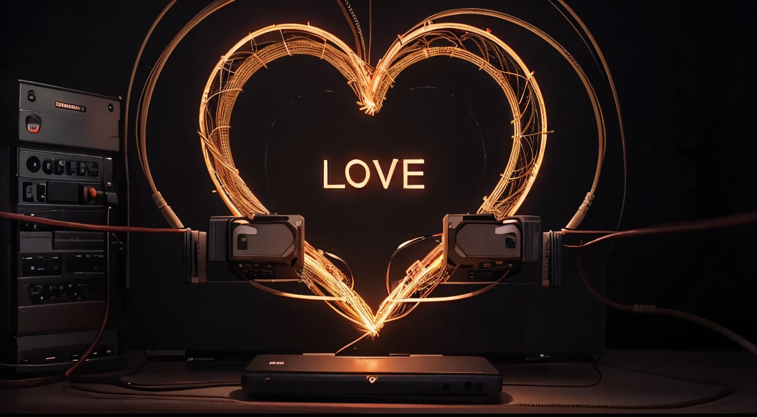 YouTube Banner, Wires forming a heart in the center. Wires form text: "AI Love", text is separated by the heart in the center