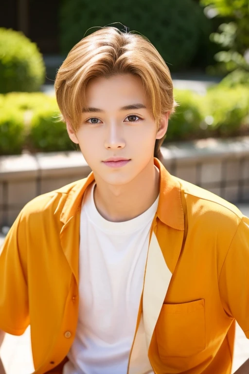 male,center parts,forehead,beautiful young man,japan america mix,teen age,like a girl,orange blond hair,light brown eyes,yellow shirts