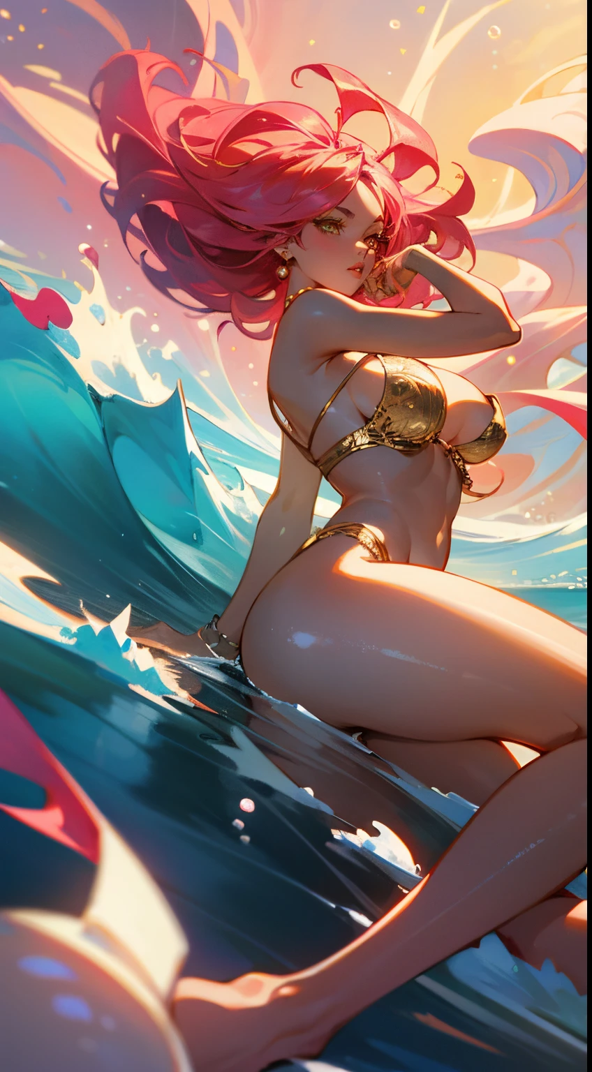 ((Phone wallpaper)), ((Correct anatomy)), Sexy attractive girl, pearl nymph, pink curly hair, Short hair, a lot of shiny pink pearls in her hair, golden eyes, glitter gold makeup, gold eyeliner, red lush lips, big beautiful breasts, mother of pearl bra, (dressless) , ((translucent sea waves)), ((decorated with pearls)), shining pink ribbons on the body, Lots of pearls, lying on the beach, By the water, attractive pose, handsome body, spreading my legs, Beautiful shapes, Fantasy, Intricate, elegant, Highly detailed, Digital Painting, Artstation, Concept art, Matte, no instructions, Clear Focus, illustartion. very higаh resolution, Masterpiece, Stunning, Trendy ArtStation, 8K, UHD