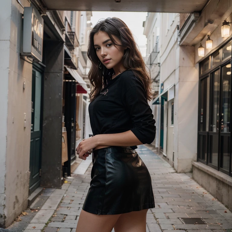 (Best quality, 8k, Masterpiece: 1.3)), Beauty, young girl from usa, long wavy dark brown hair, in high-covering black shirt and black skirt, on streat , instagram post,