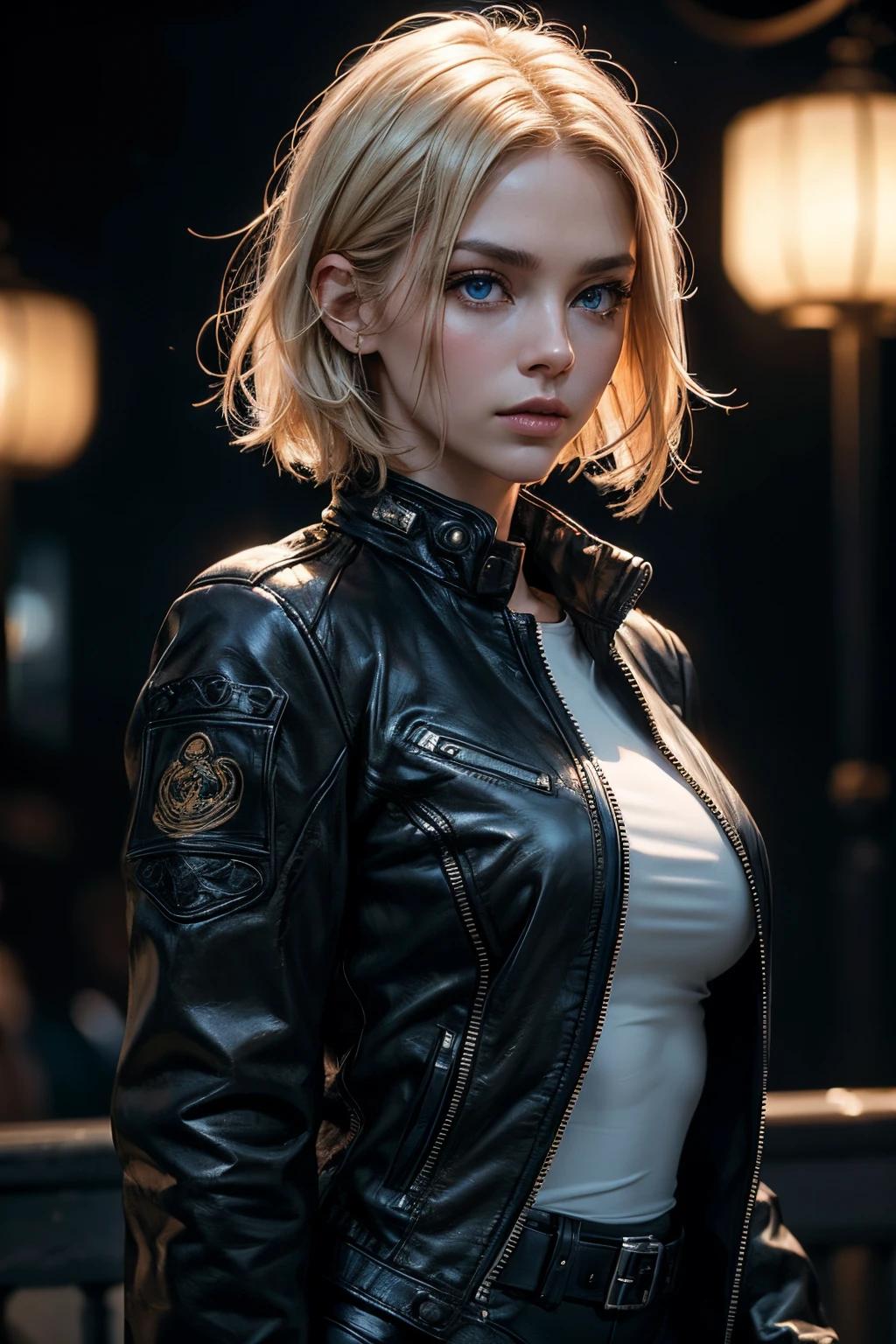 A beautiful woman in her 20s. Western face, blond, short hair, straight hair. vibrant blue eyes. white skin, thin face, thin nose. thin eyebrow. expression would be. strong, Fitness, strong body, Muscular woman, thick and muscular thighs. thin waist. thin neck. wearing black tactical clothes, black spy clothes, tight clothes. black leather jacket, short jacket.
Blurred background. Breathtaking cinematic photo, intricate details, shallow depth of field, epic, gorgeous, master piece, Award winning, professional, highly detailed, Detailed skin texture, (((best quality)), ((ultra resolution)), ( (photorealistic: 1.4)), (intricate details)
night