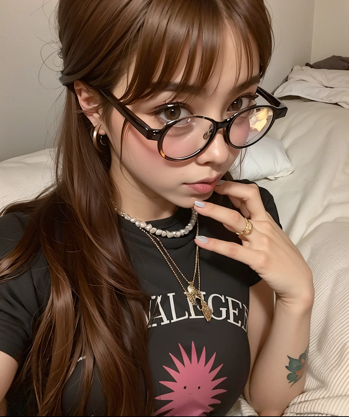 puffy woman with glasses and a black shirt on a bed, With eye Glasses, Ulzzang, wearing thin large round glasses, Dom Yunjoo, some glints and specs, wearing small round glasses, com franja, linda Delphine, She wears Harry Potter glasses, with glasses on, cabelo arrumado com franja, cabelos castanhos e franja, cabelos longos com franja