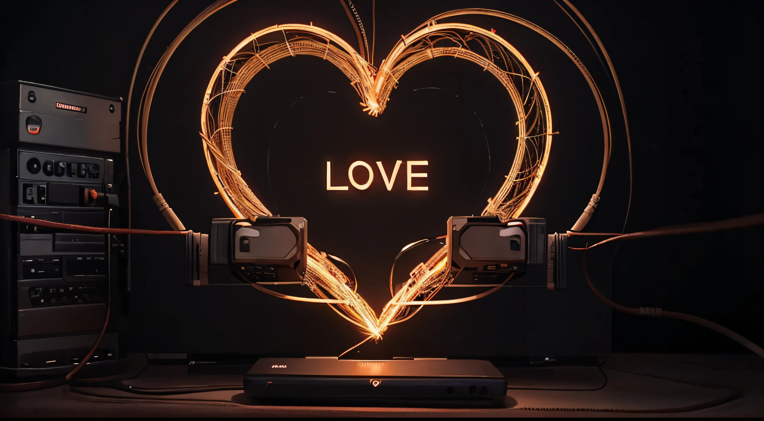 YouTube Banner, Wires forming a heart in the center. Wires form text: "AI Love", text is separated by the heart in the center