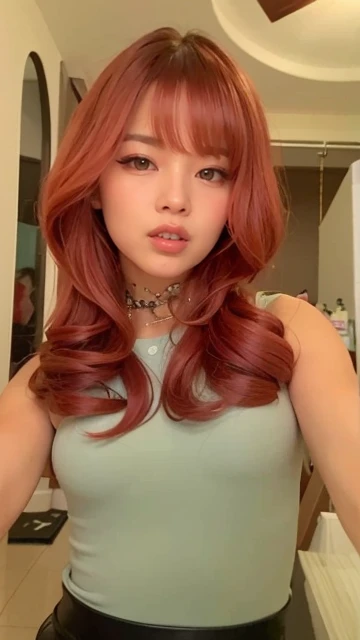 mulher arafa com cabelo ruivo e uma blusa verde, Madison Beer como Leeloo, peruca vermelha, ela tem cabelos longos e redorange, com cabelos ruivos cacheados, Ela tem longos cabelos castanhos alaranjados, inspirado em Natasha Tan, ela tem cabelos ruivos, cabelo castanho coral, inspirado em Daphne McClure, com cabelos ruivos, Her skin is light brown, Michael Angelo inspirado