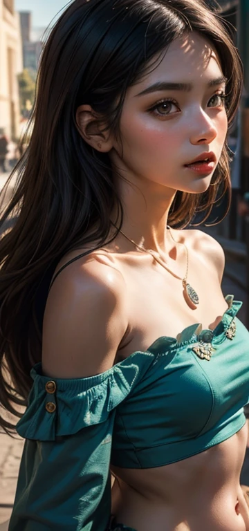 beste-Qualit, master-piece, high-res, master-piece, beste-Qualit, 1 girl, aqua eyes, black hairr, gag, multicolored background, look at viewer, outside, single, upper body, win, clean, Exquisite Face, clean face, pale skin, sexy,(( subject , off-the-shoulder, belly buttons, Briefs)), long-haired, ((perfect female figure)) Jisoo, seduce, Very detailed, beste-Qualit, master-piece, high-res, original, extremely detailed 8K wallpaper ,master-piece,beste-Qualit,optical illusion,eyes with beautiful details,Cinematic Lighting, Hair ornaments, necklace, jewelry, Exquisite Face, On the body, Tyndall effect, photorealistic portrait,